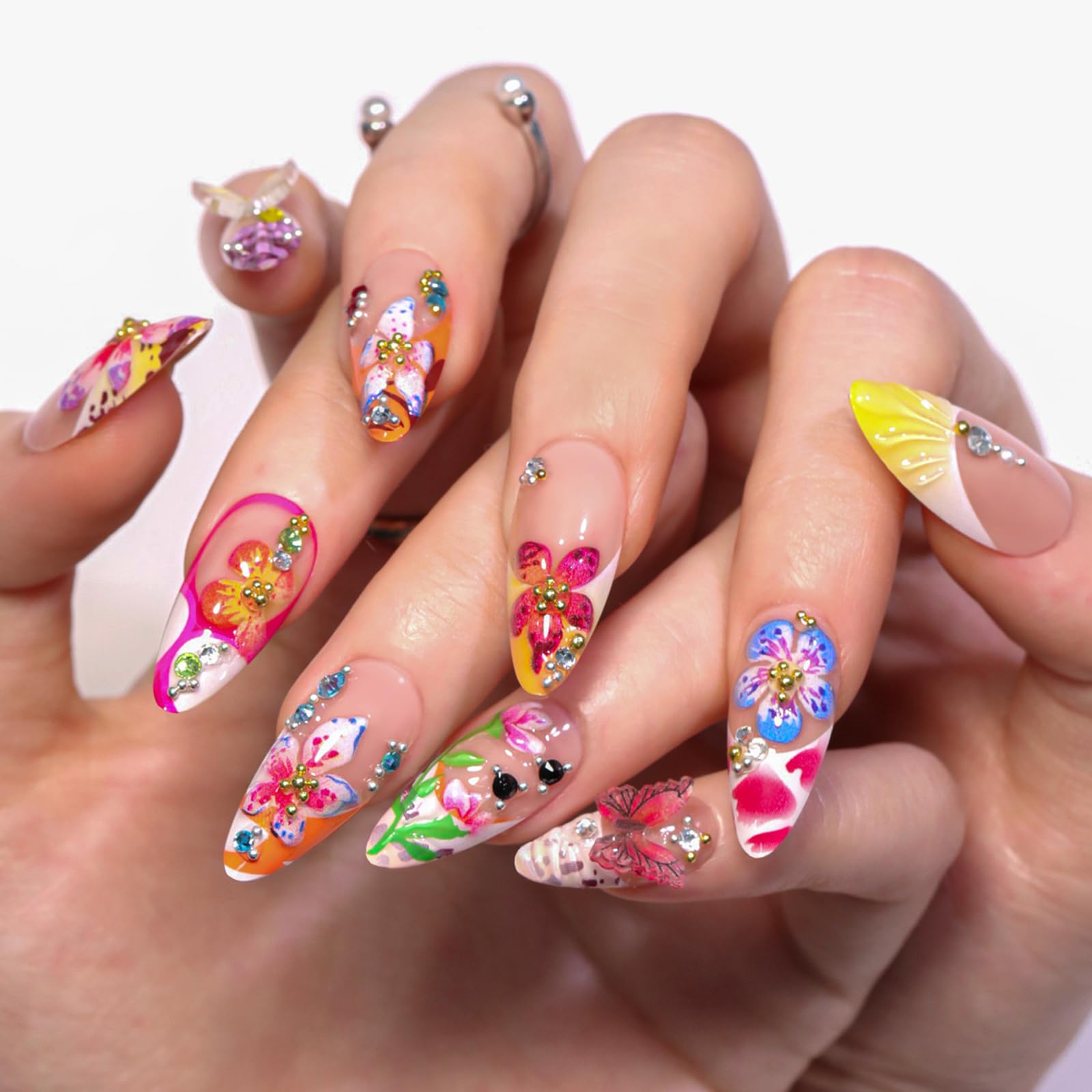 HOSAILY 3D Tropical Floral Press on Nails Medium Almond, Colorful Butterfly Bright Flower Summer Beach Handmade Full Cover Stick on Nails for Women, 24Pcs Glossy Reusable Fake False Nails with Glue - Image 6
