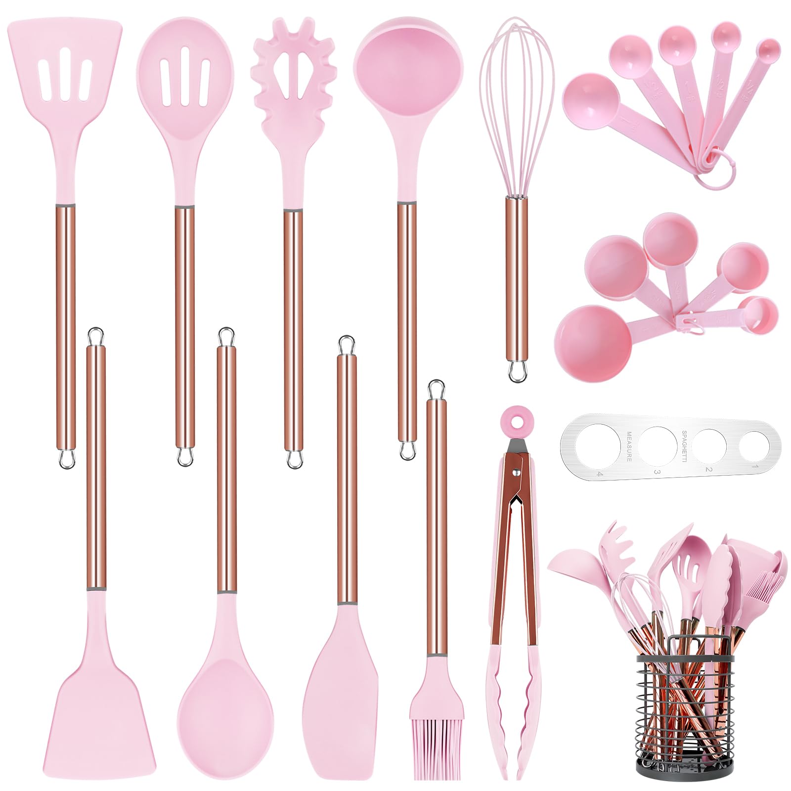 Arquiel Kitchen Utensil Set w/ Holder，22 Pcs Silicone Cooking Utensils Set Nonstick Cookware，Heat Resistance Spatula Set，Stainless Steel Handle Kitchen Gadgets Utensils Set(Pink)，Pink & Gold (HX0110)