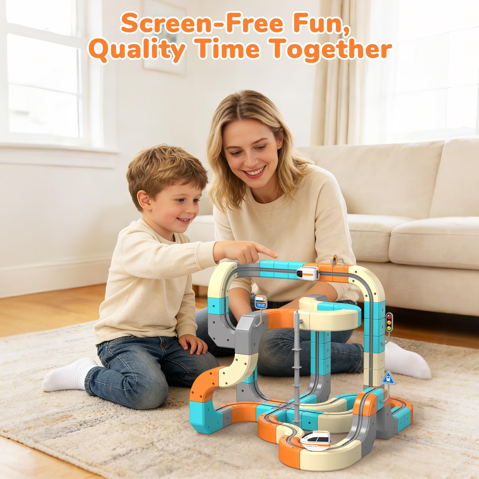 Condition photo showing New/Like New for electric train set 3d flexible race track for kids 3 4 5 6 7 8 years old, 82 pcs gravity-defying rai