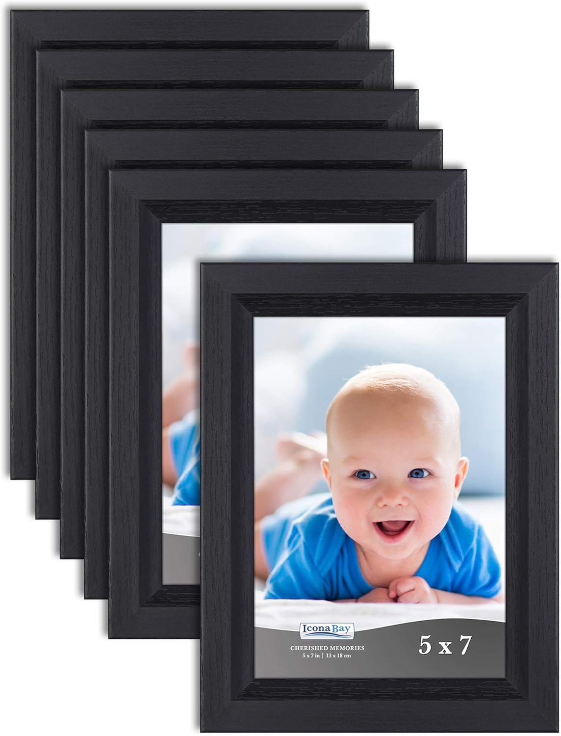 Icona Bay 5x7 Picture Frame (Obsidian Black Wood Finish, 6 Pack), Traditional Style Composite Wood Frame for Walls or Tables, Cherished Memories Collection