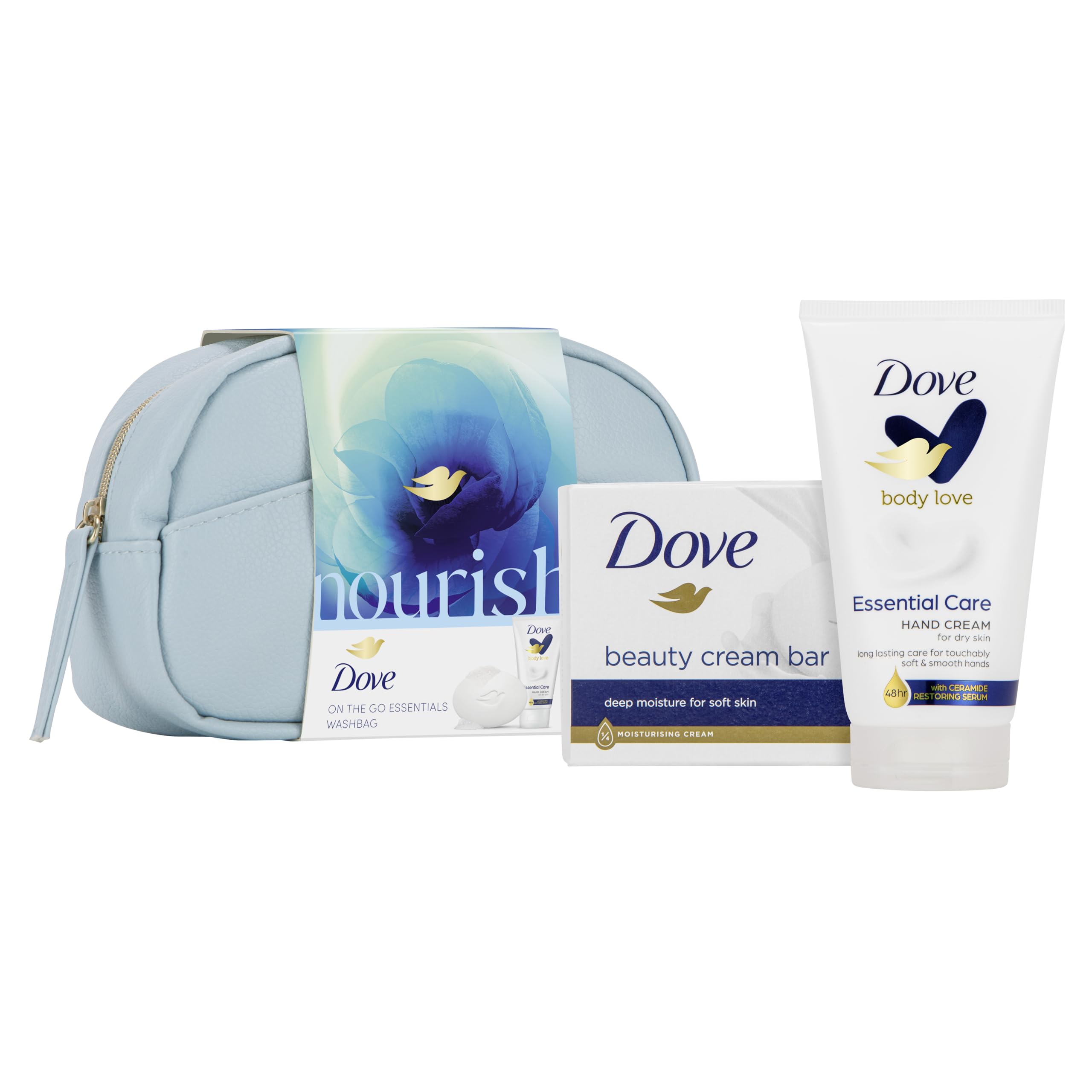 Dove Nourish On-the-Go Essentials Skin Care Gift Set For Her in a mini washbag 2 piece