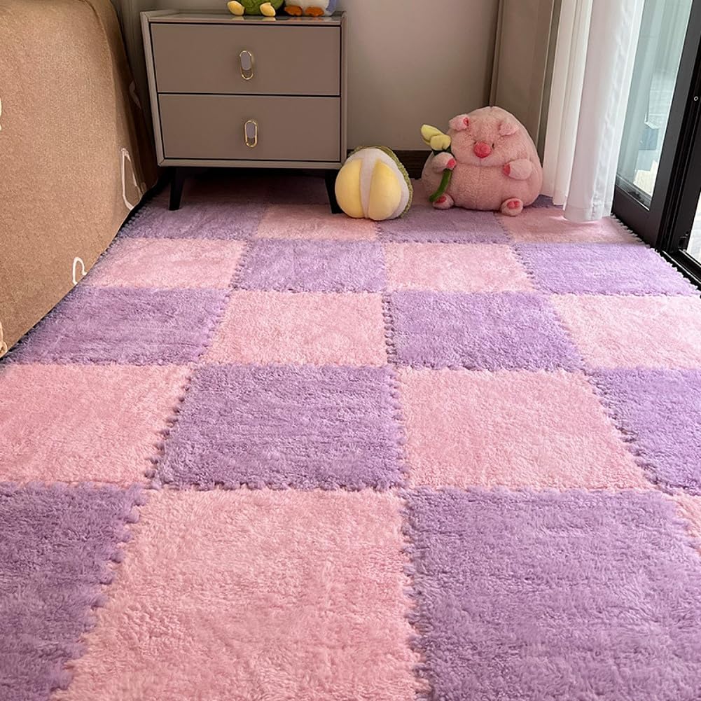 Photo 1 of 12pcs Carpet Squares Puzzle Floor Mat, Plush Interlocking Carpet Tiles, Anti Slip EVA Foam Jigsaw Floor Tiles, Build A Safe Area for Bedroom Playroom (Pink+Purple)