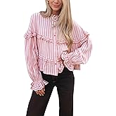 Tanming Womens Striped Button Down Shirts Ruffled Long Sleeve Stand Collar Shirt Dressy Casual Blouse Tops