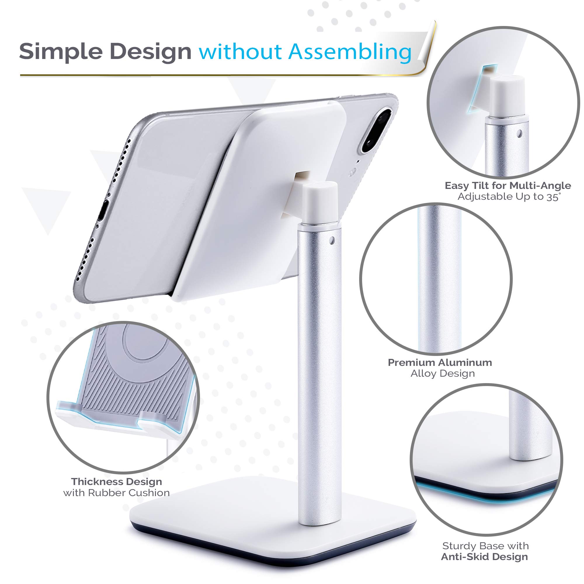 Upgraded Version Desktop Cell Phone Stand Tablet Holder, Height and Angle Adjustable Phone Holder Dock, Compatible with Tablet Up to 10.5 Inch (White)