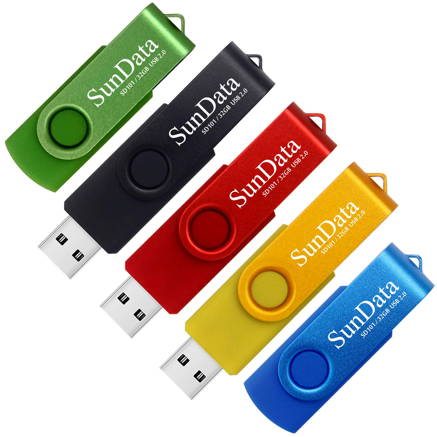 SunData 32GB Memory Stick 5 Pack USB 2.0 Flash Drive Swivel Design Thumb Drives USB Stick Pen Drive for Data Storage with LED Light (5 Colors: Black Blue Green Red Gold)