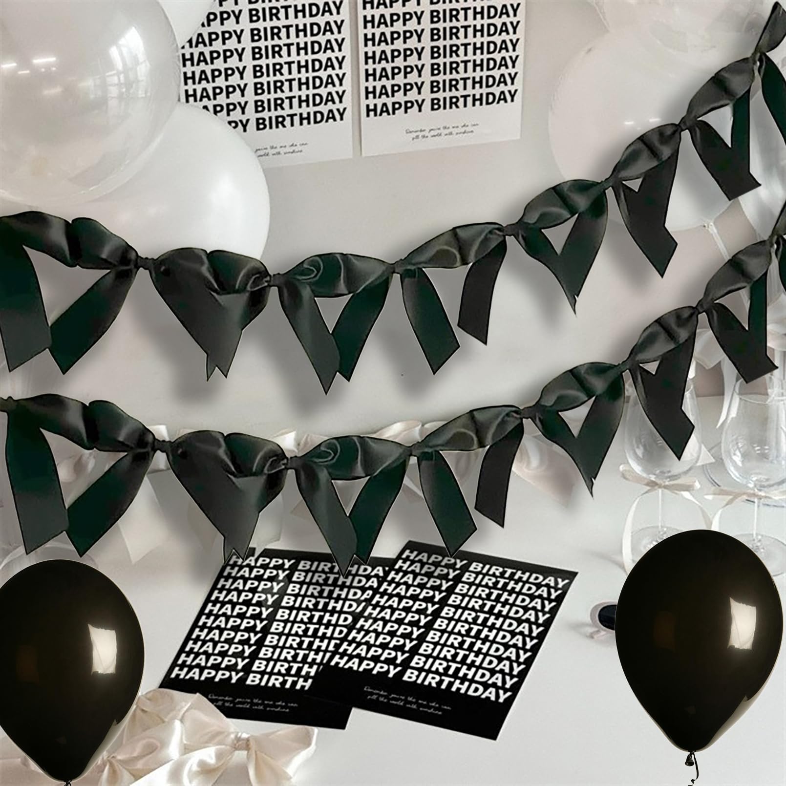 Photo 1 of Black Ribbon Bow Garland Wall Decor, Coquette Birthday Party Decortions, Pre-String Bow Garlands Hanging for Bachelorette Decortion, Bridal Shower, Wedding, Birthday, Engagement Supplies (Black&Black)