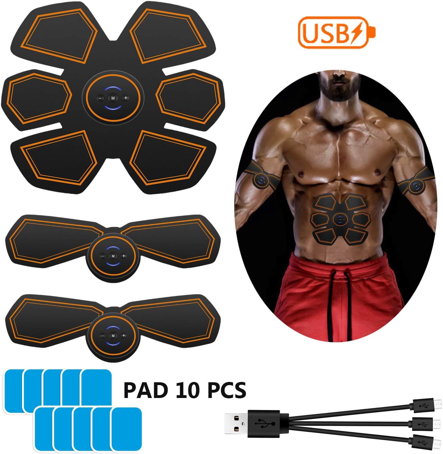 Ryzw Muscle Stimulator, Abs Trainer Muscle Toner with USB Rechargeable & 10PCS Replacement Gel Pads,EMS Muscle Stimulator for Men & Women Gym Abs Workout Fitness Training Device