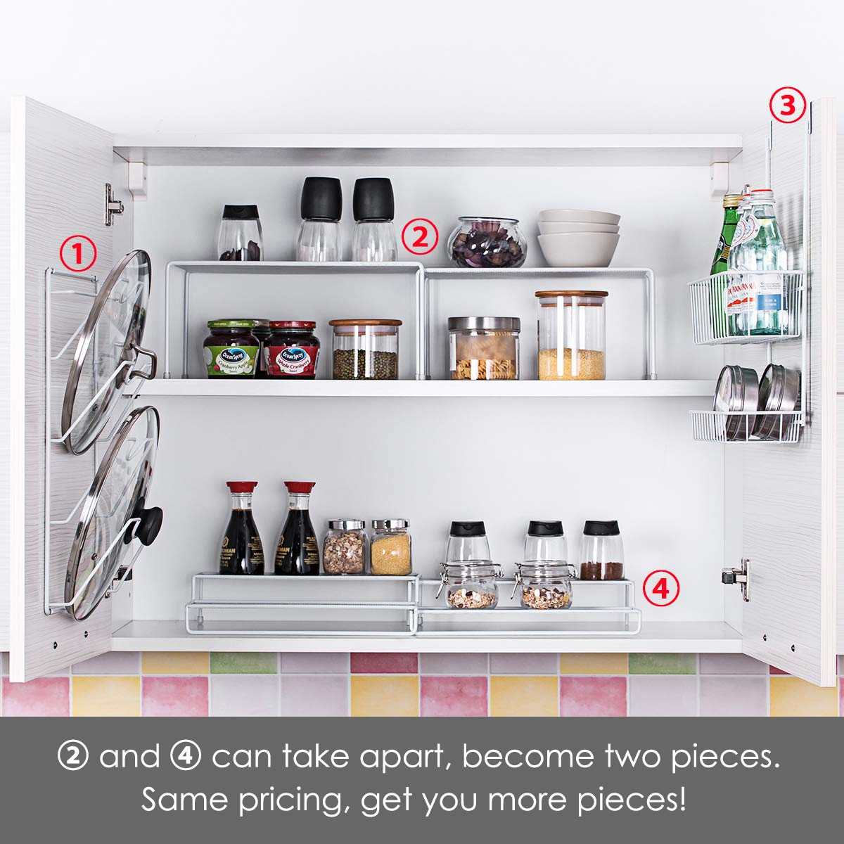 6-Piece Cabinet Storage Set: Expandable Stackable Kitchen and Counter Shelf Organizer/Metal Wire Pot and Pan Lid Rack/Over The Cabinet Storage Organizer Basket/Spice Rack Step Shelf Organizer, White