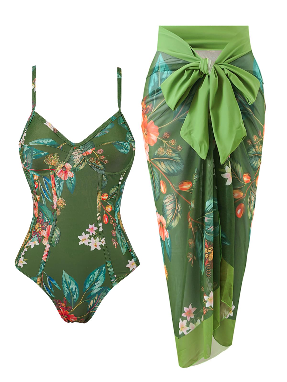 Photo 1 of Women's One Piece Swimsuit with Beach Cover Up Retro Floral Print Bathing Suits with Coverup Set Sarong Wrap Swim Suit 1 Piece Swimwear Set with Matching Skirt Dark Green Floral X-Large