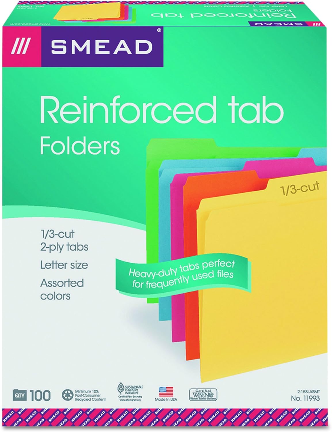 Smead File Folder, Reinforced 1/3-Cut Tab, Letter Size, Assorted Colors, 100 per Box (11993) : Colored File Folders : Office Products