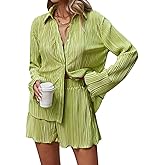 SHENHE Women's 2 Piece Sets Dressy Plisse Bell Sleeve Button Down Shirt and Short Set Going Out