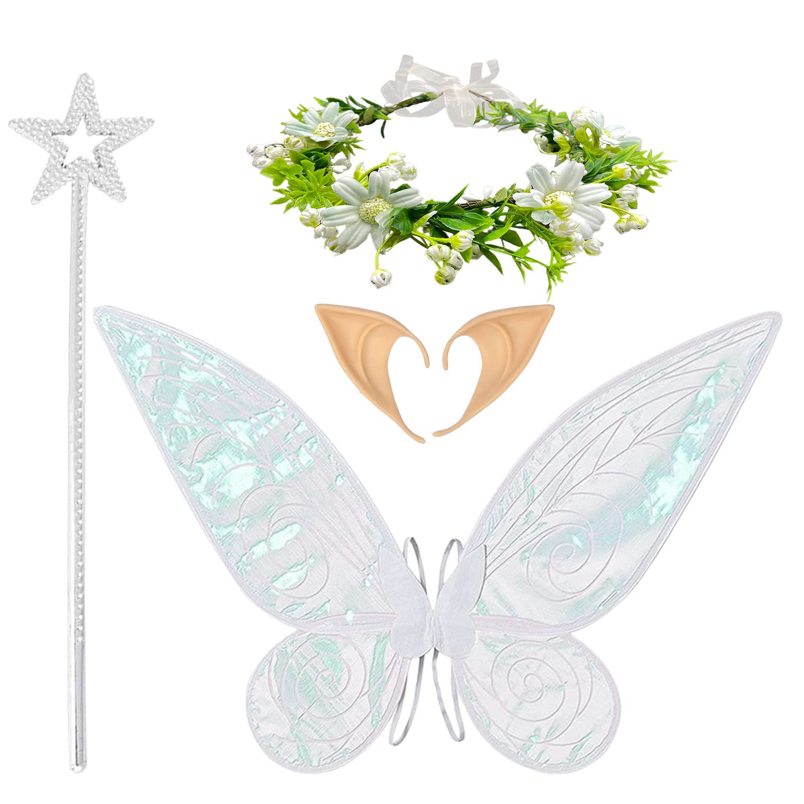 MIVAIUN Fairy Wings Butterfly Elf Dress up Set Fairy Angel Princess Costume Fairy Wings Fairy Wand Crown Ears Bride Flower Boy Theme Parties Photo Shoots Women Girls (White) (MIVAIUN-HDJLTZ)