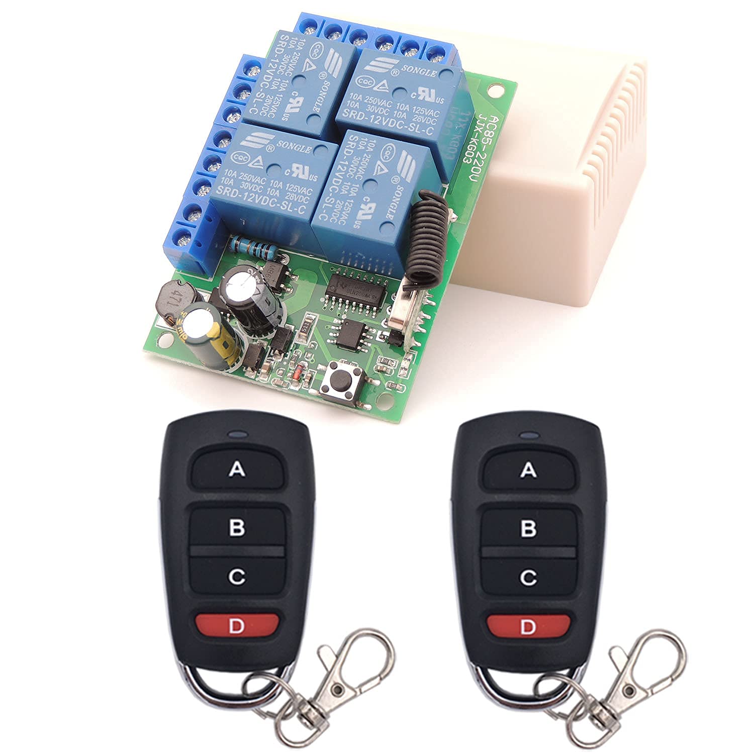 Photo 1 of DieseRC Universal Wireless Remote Control Switch AC 110V 120V 240V 220V 10A 4 Channels RF Relay Receiver Board with 2 Transmitters for Motor Garage Door Light Electric Cylindern