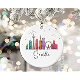 HKDesignGift Seattle Ornament, Christmas Landmarks Xmas Ornament, Colorful City Skyline Graphic, New Gifts for Christmas Printed on Both Sides