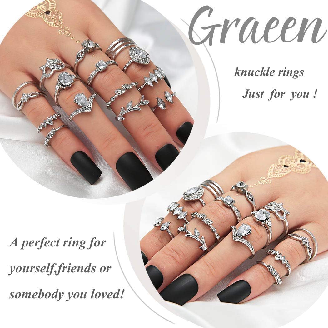 Graeen Knuckle Rings Heart Stackable Ring Leaf Finger Ring Set Silver Stacking Rings for Women and Girls(Pack of 15)(Style 3): Clothing