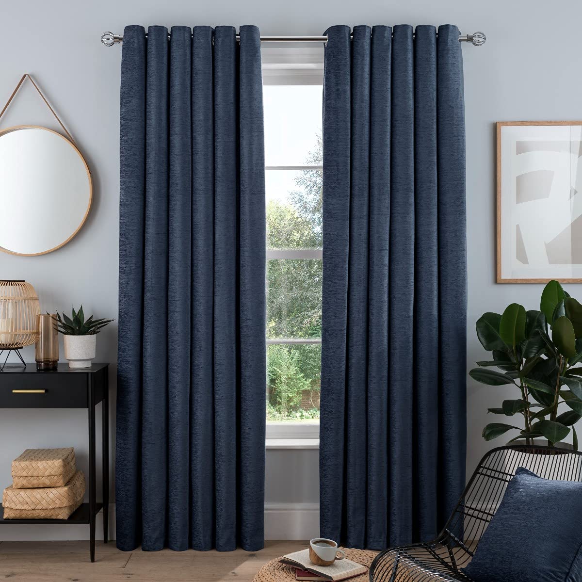 Sleepdown Luxury Chenille Eyelet Lined Curtains for Bedroom and Living Room 46 x 72 Inch Navy 2 Panels, 5056242840336