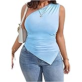 WDIRARA Women's Plus Size One Shoulder Tank Top Ruched Asymmetrical Sleeveless Tops