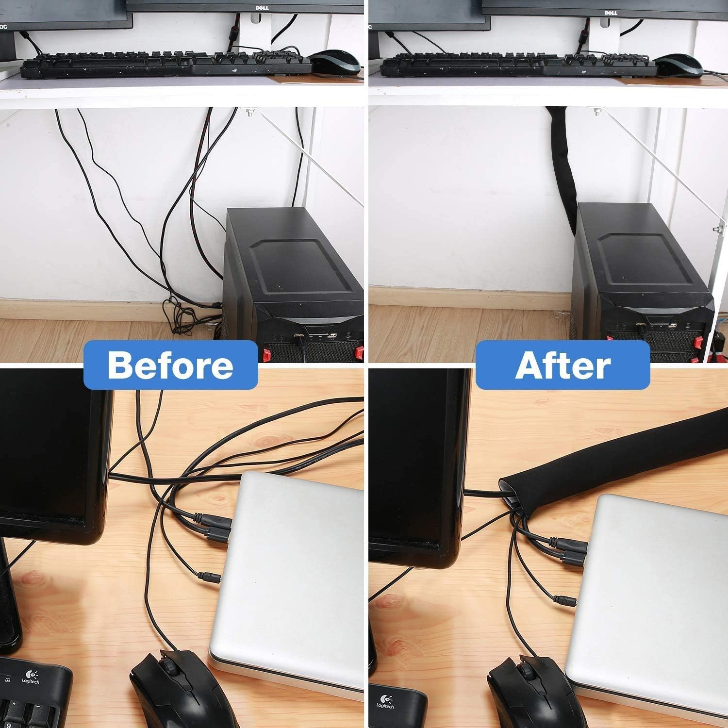 JOTO 10.83ft Cable Management Sleeve, Cuttable Neoprene Cord Management Organizer System, Flexible Cable Wrap Cover Wire Hider for Desk TV Computer Office Home Theater -Reversible Black/White, Large: Home Improvement