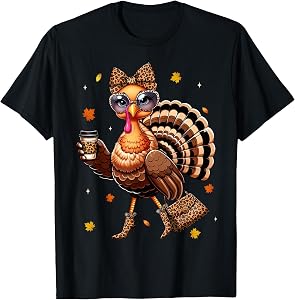 Leopard Turkey Drinking Coffee Thanksgiving Women Turkey Day T-Shirt