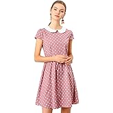 Allegra K Women's Peter Pan Collar Short Sleeves Contrast A-Line Polka Dots Dress