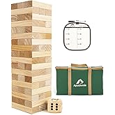 ApudArmis Giant Tumble Tower (Stack from 2Ft to Over 4.2Ft), 54 PCS Pine Wooden Stacking Timber Game with 1 Dice Set - Classi