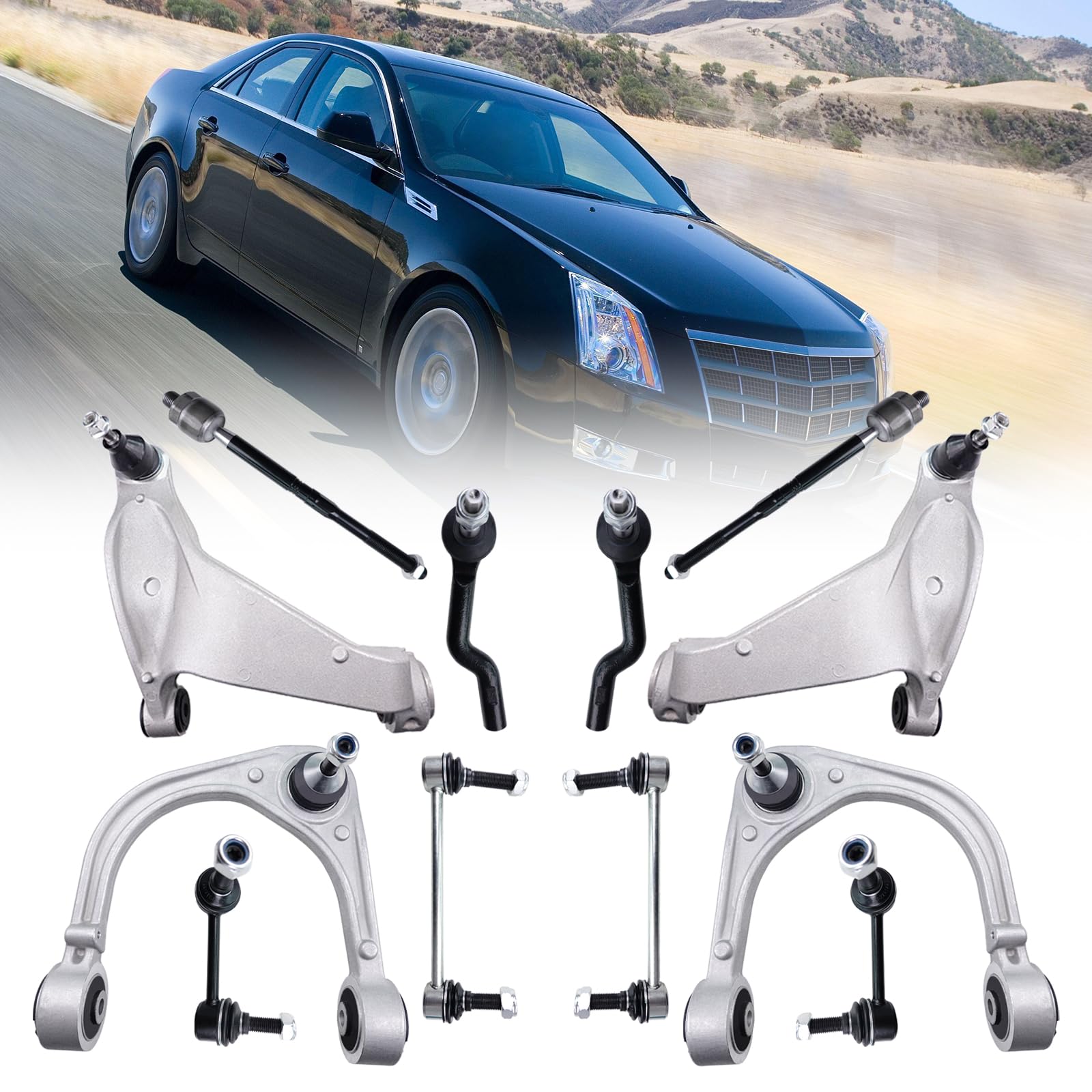 Photo 1 of HAWK BROTHER Front Control Arms & Ball Joints Inner Outer Tie Rod Stabilizer Sway Bar Link Replacement for 2008-2014 Cadillac CTS (RWD 2WD) Profession Suspension kit -12 Pcs Set