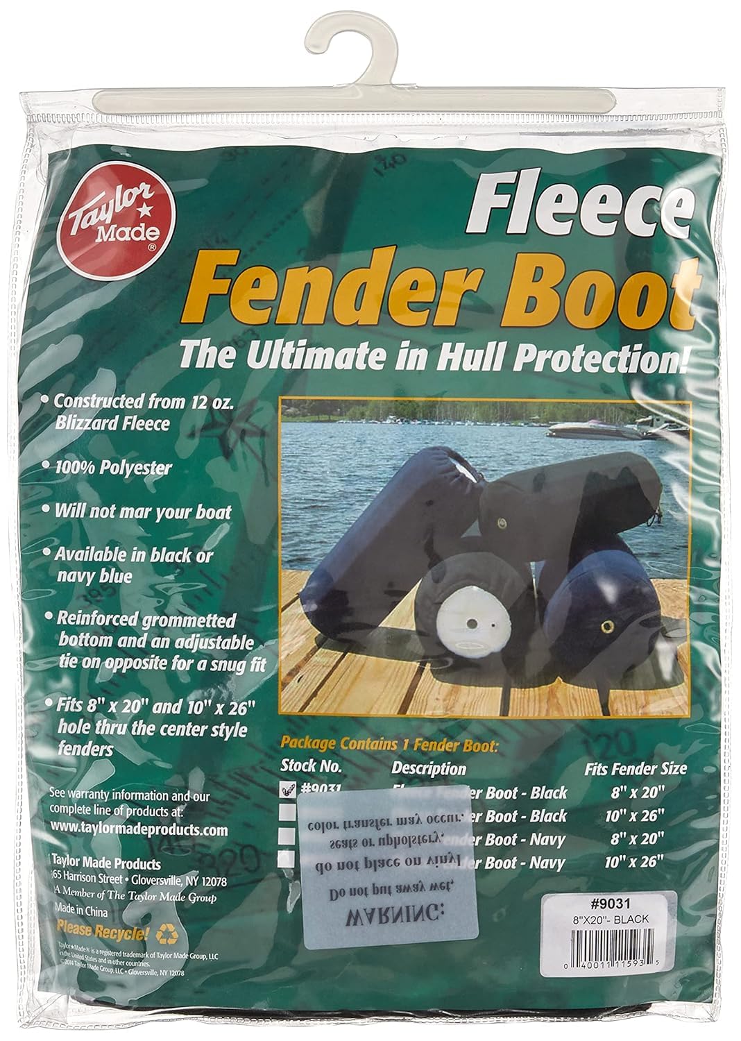 Taylor Made Products 9031 Fleece Boat Fender Cover for Center Rope Tube Style Fenders (8″ x 20″, Black)