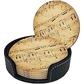 6 Pcs Leather Coasters for Drinks with Holder Retro Music Scores Coaster Sets Drink Table Cup Coasters for Kitchen Coffee Decor
