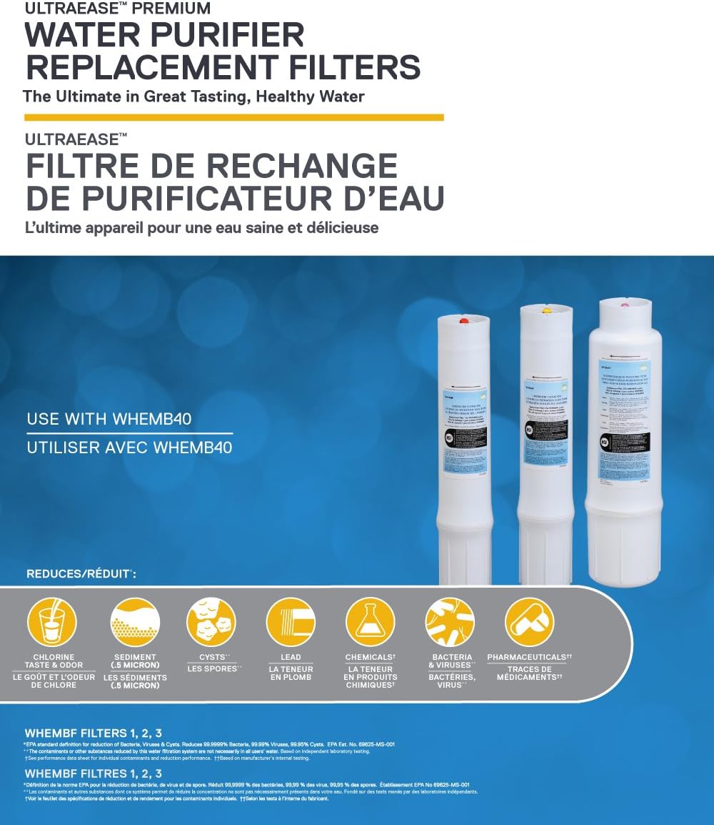 Whirlpool WHEMBF Purifier Water Fits WHAMBS5 & WHEMB40 Filtration Systems | Extra Long Life | Easy to Replace UltraEase Filter Cartridges | 1 Set, Single Unit, White: Home Improvement