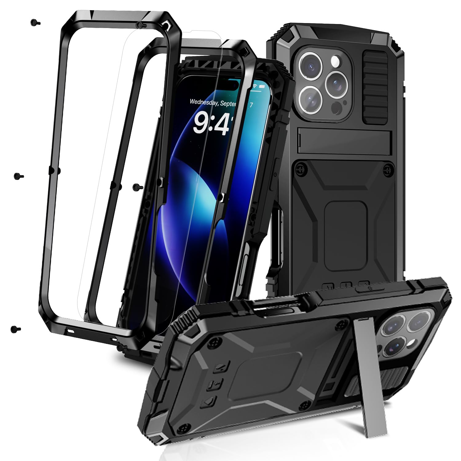 MIYIYQP Compatible for iPhone 16 Pro 5G Case with Stand Kickstand & Built-in Camera & Screen Protector, Aluminum Metal Gorilla Glass Shockproof Military Heavy Duty Sturdy Protector Case (Black)