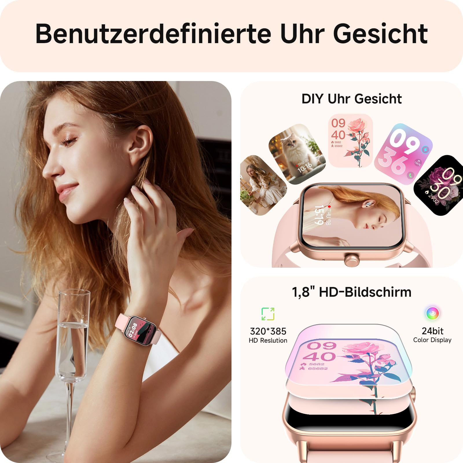 Smartwatch Damen mit Telefonfunktion,1.8" Smart Watch Fitnessuhr mit Whatsapp und Alexa,Herzfrequenz Schlafmonitor,120+ Sportmodi Fitness Tracker,IP68 Wasserdicht Uhren Damen für Samsung/Android/iOS 6