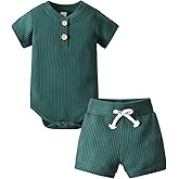 Derouetkia Summer Newborn Baby Boy Girl Clothes Solid Color Ribbed Romper and Shorts Outfits Set