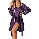 Vrtige Women's 3pcs Satin Pajamas Set Cami Top and Shorts Sleepwear PJs Set with Robe