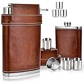 GENNISSY 8oz Hip Flask for Men - 304(18/8) Stainless Steel Bourbon Whiskey Flask, Leakproof with Brown Leather Wrap - Includes Funnel & 3 Mini Cups for Dad, Gifts, Travel
