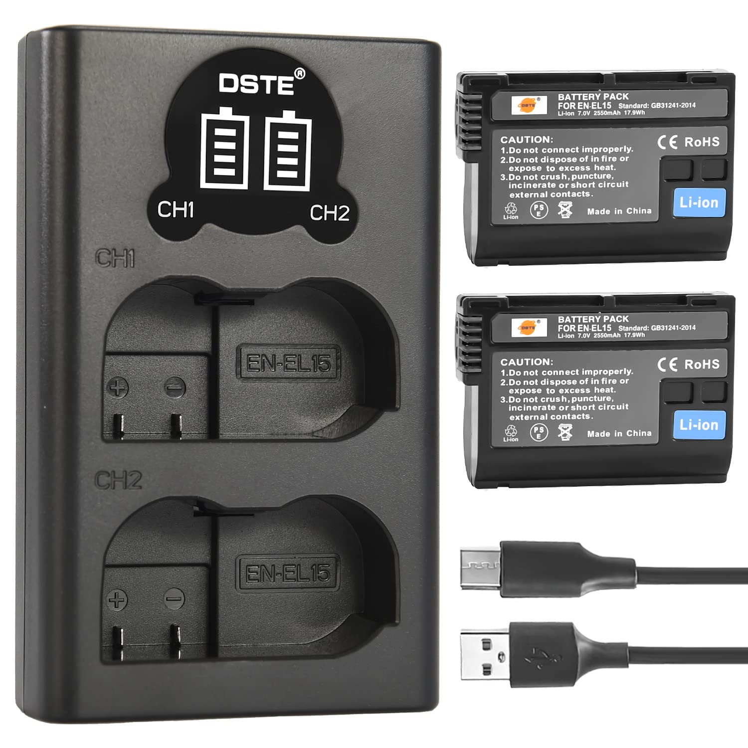 DSTE EN-EL15 Rechargerable Battery (2-Pack) and Smart LED Dual USB Charger Compatible with Nikon D500 D600 D610 D800 D850 D800E D750 D7000 D7100 D7200