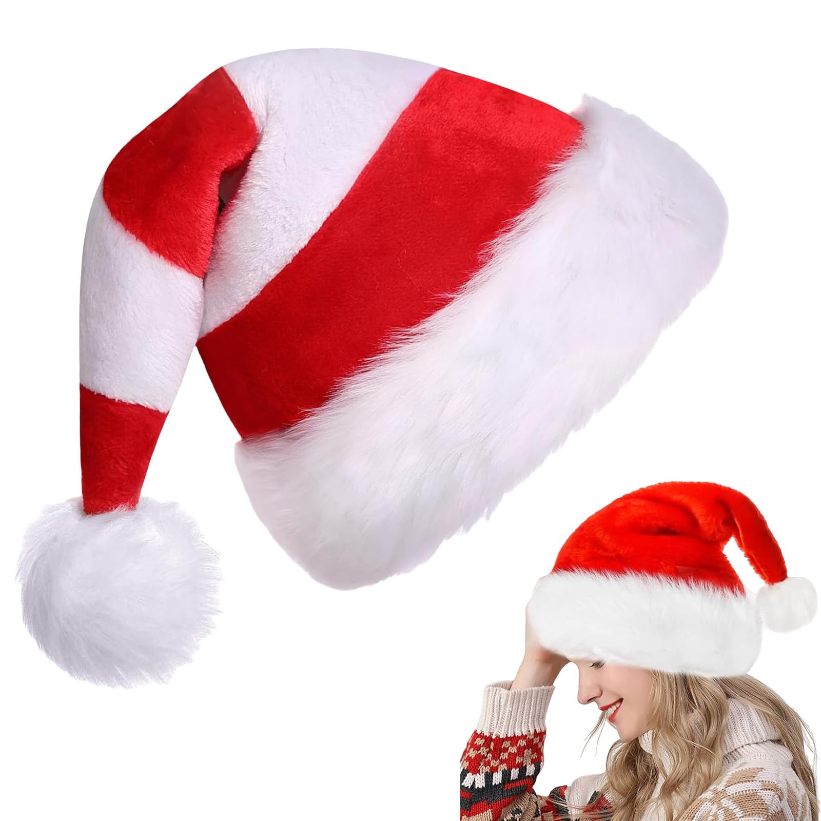 Red White Santa Hat Christmas 31*45cm for Adults, Kids - Thickened Classic Xmas Plush Santa Claus Cap, Unisex Velvet Father Christmas Costume for New Year Party