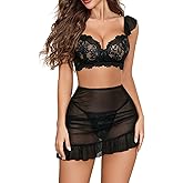Avidlove Women Lingerie Set Lace Skirt and Bra 3 Piece Lingerie Set Chemise Ruffle Hem Sleepwear