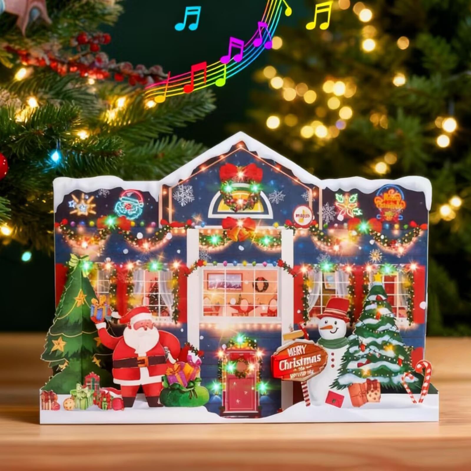 MZD8391 3D Pop Up Christmas Cards with Music and Lights, Animated Christmas Gift Card, Playing 3 Songs with 3 Matching Lights Blinking Modes (Envelope Included)