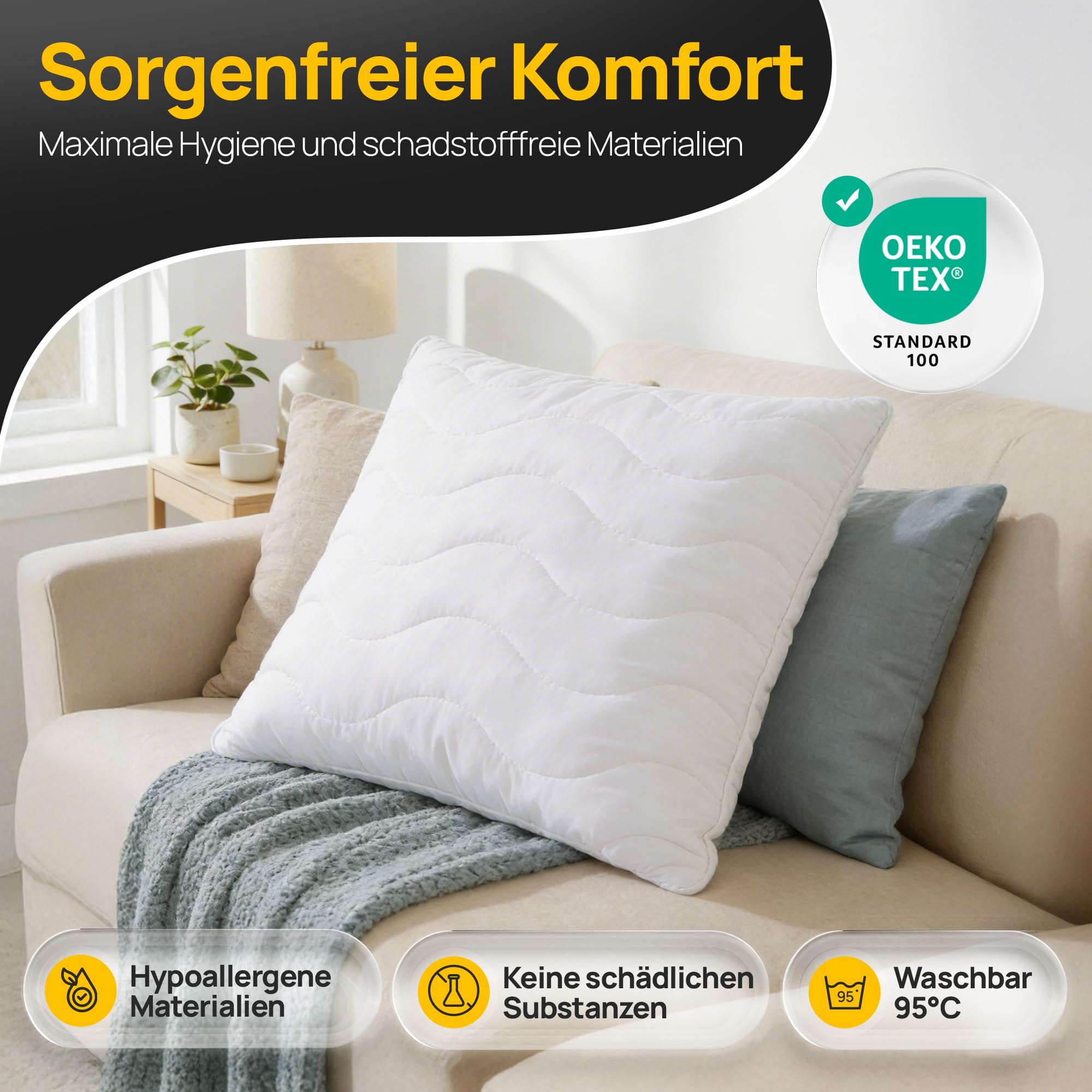 LILENO HOME Kissen 60x60 (2er Set) – 95 °C waschbar, Oeko-Tex & Made in DE – Allergiker Kopfkissen 60x60 anpassbar für himmlischen Schlaf – Haut schmeichelndes & geruchsfreies Pillow 3