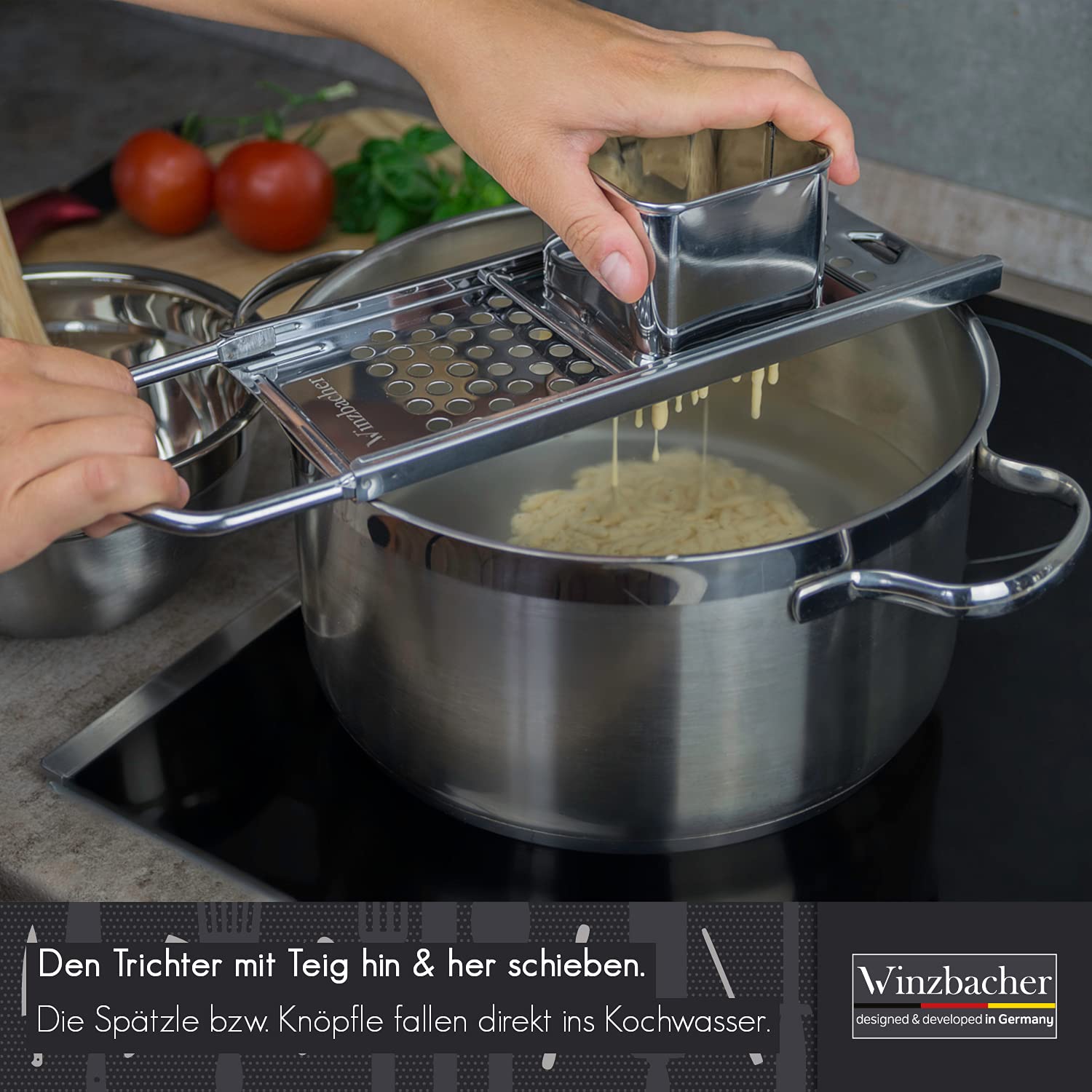 Winzbacher Edelstahl Spätzlehobel mit Teigschlitten [Topf Ø von 16-30cm] Spülmaschinenfest | Rostfrei | Spätzlereibe, Spätzlesieb, Spätzlepresse | für Spätzle & Knöpfle 4
