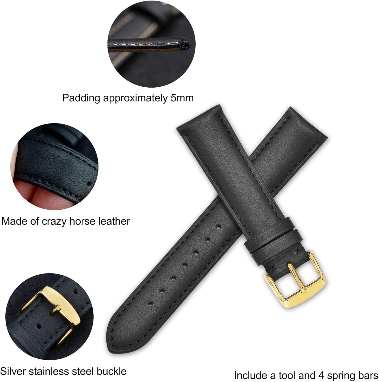 WOCCI Watch Band 14mm 16mm 18mm 19mm 20mm 21mm 22mm 23mm 24mm - Vintage Leather Watch Strap, Choice of Color and Width | 