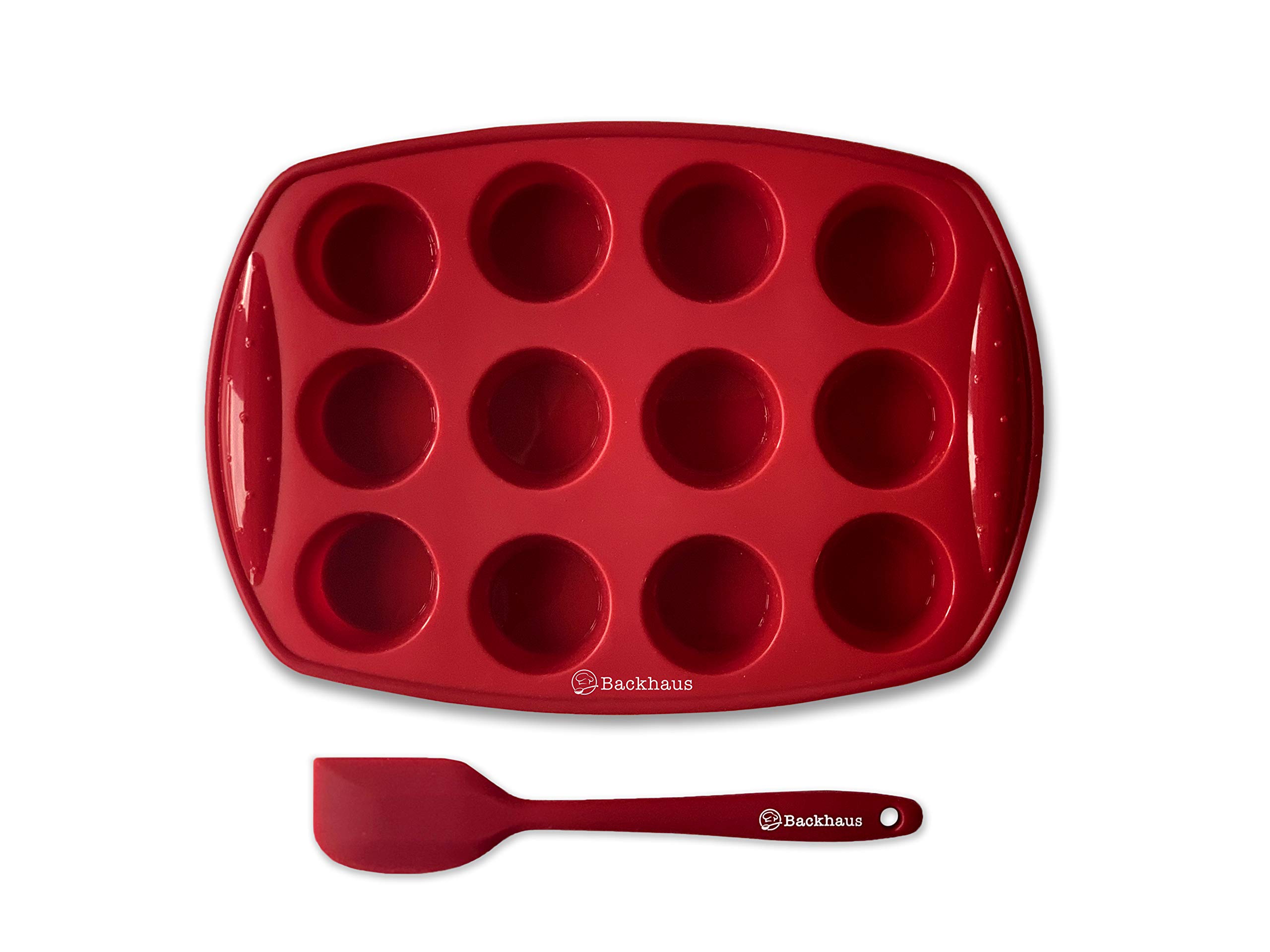 Backhaus Mini Muffin Pan x 12 | Non-Stick Baking Set with Spatula | Cake Mold in Platinum Silicone with Handles (Red, 1)