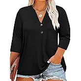 Chulianyouhuo Womens Plus Size 3/4 Sleeve Tops Casual V Neck Button Tee Shirts Basic Loose Fit Tunic Blouse