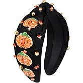 Halloween Headband Accessories for Women Crystal Pearl Knotted Headband Embellished Beaded Pumpkin Candy Corn Boo Headbands Rhinestone Jeweled Wide Top Knot Hairband Costume Party Favors (Pumpkin)