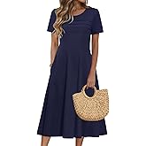 Zeagoo Womens Casual Dresses for Summer Short Sleeve Flare Midi Dress Loose Beach Sundress Pleated Front Dress with Pockets