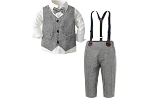 SANGTREE Boys' Formal Suits Sets Gentleman Outfits, Vest + Suspender Pants + Dress Shirt and Bow Tie, 3 Months - 14 Years