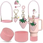 VirgoCCY 7PCS Strawberry Stanley Cup Accessories, Water Bottle Handle Strap for Stanley 30/40 oz, Including Straw Toppers, Silicone Cup Boot, Keychain Charms, Cup Decoration for Women Girls