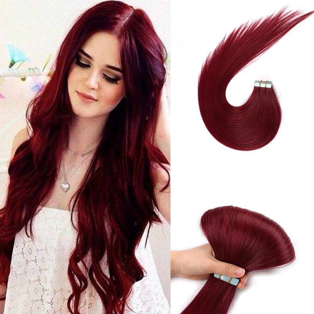 Burgundy Tape in Human Hair Extensions 5pcs 99J Silky Straight Wine Red Tape Hair Extensions (18, bug)