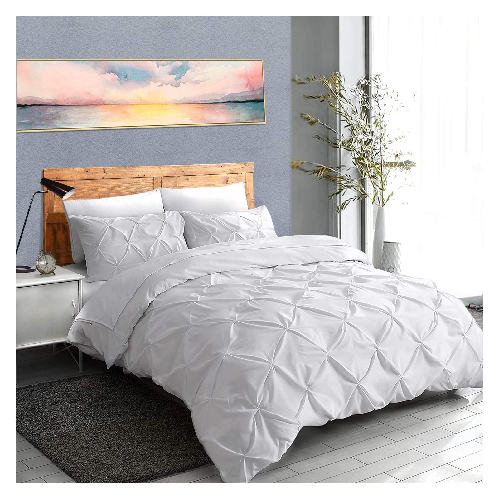 Pintuck Duvet Cover Set Matching Pillowcases, Pinch Pleated Microfiber Quilt Comforter Encasement, Wrinkle & Stain Resistant Bedding, Easy Care, Machine Washable (White, Double)