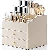 VLANDO Makeup Organizer for Vanity,Large Capacity Countertop Organizer with Drawers, PU Leather Cosmetic Display Case for Lipstick,Brushes,Skincare,Bedroom Storage (Beige)